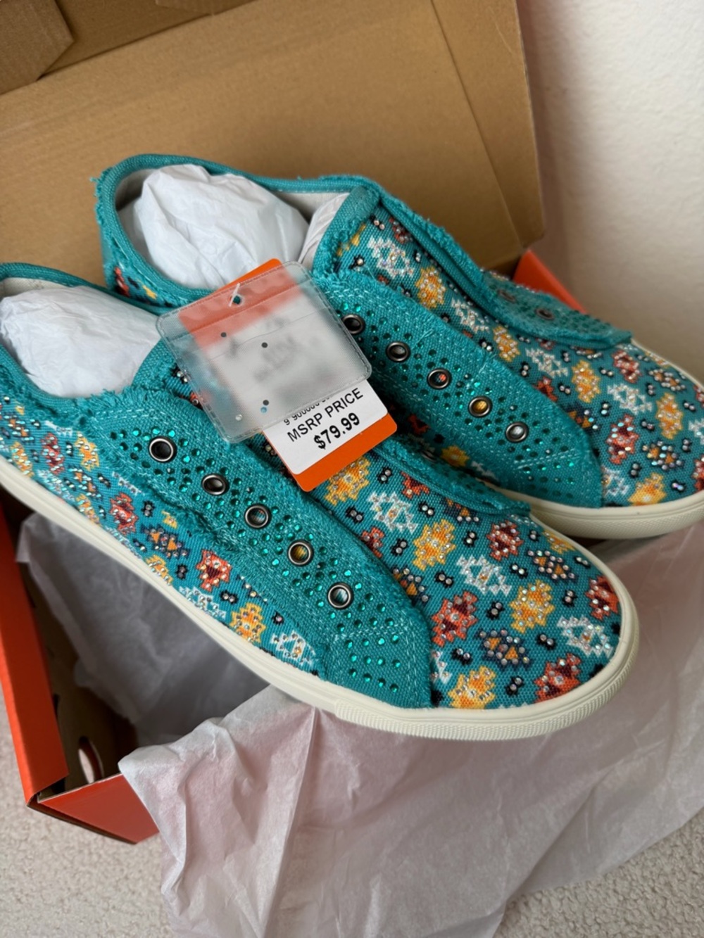 Montana West Teal Aztec Design with Rhinestones  Slip-On Sneakers NIB - Picture 5 of 10